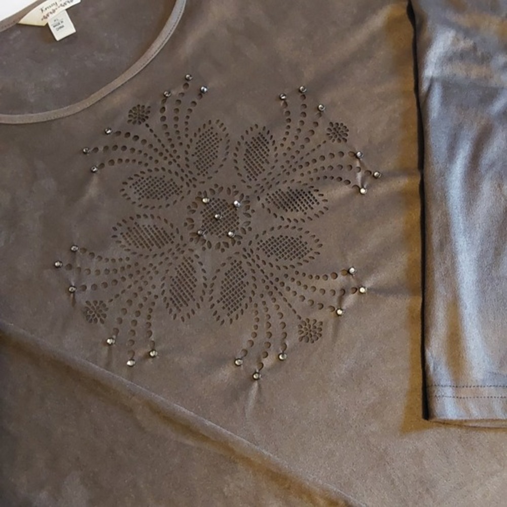Krazy Kat Faux Suede Cutout Tunic Blouse Women's XL Brown Shirt Rhinestones